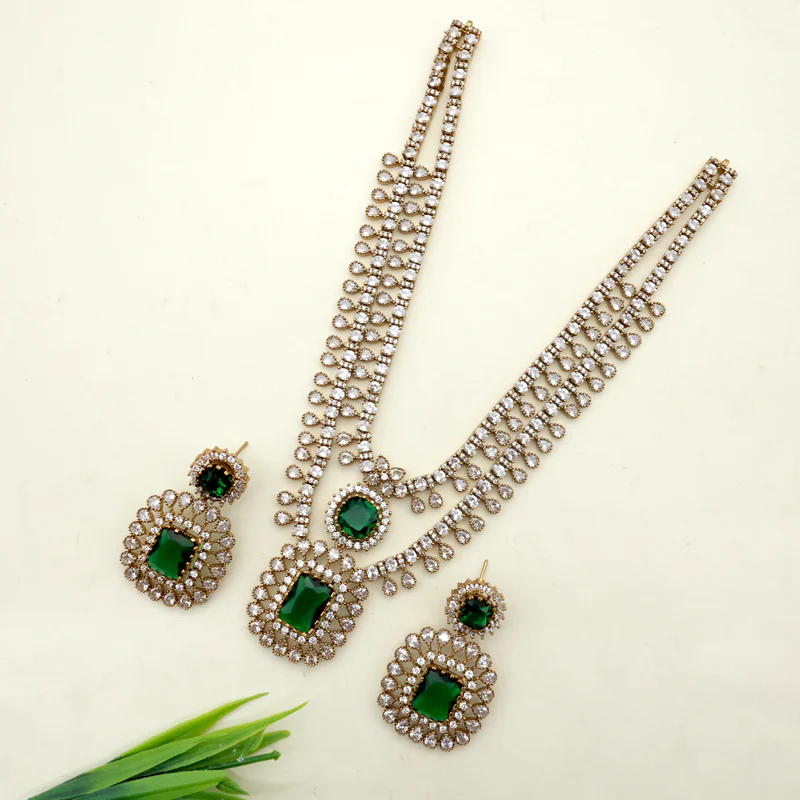 Diamond Look Victorian Polish 2 Layer Bridal Rani Haram - Emerald